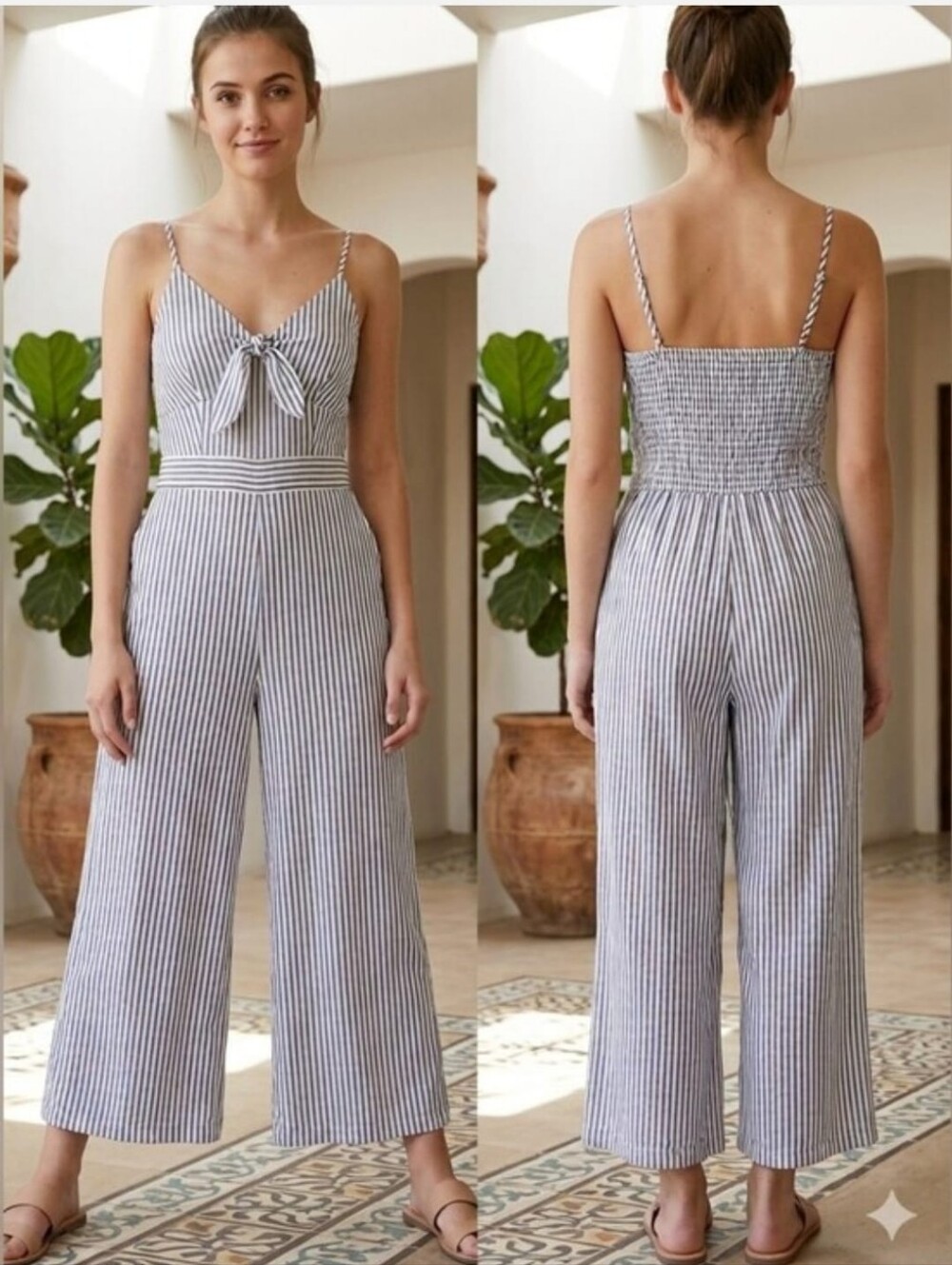 Japna Striped V-Neck Tie-Front Wide Leg Jumpsuit Size Small